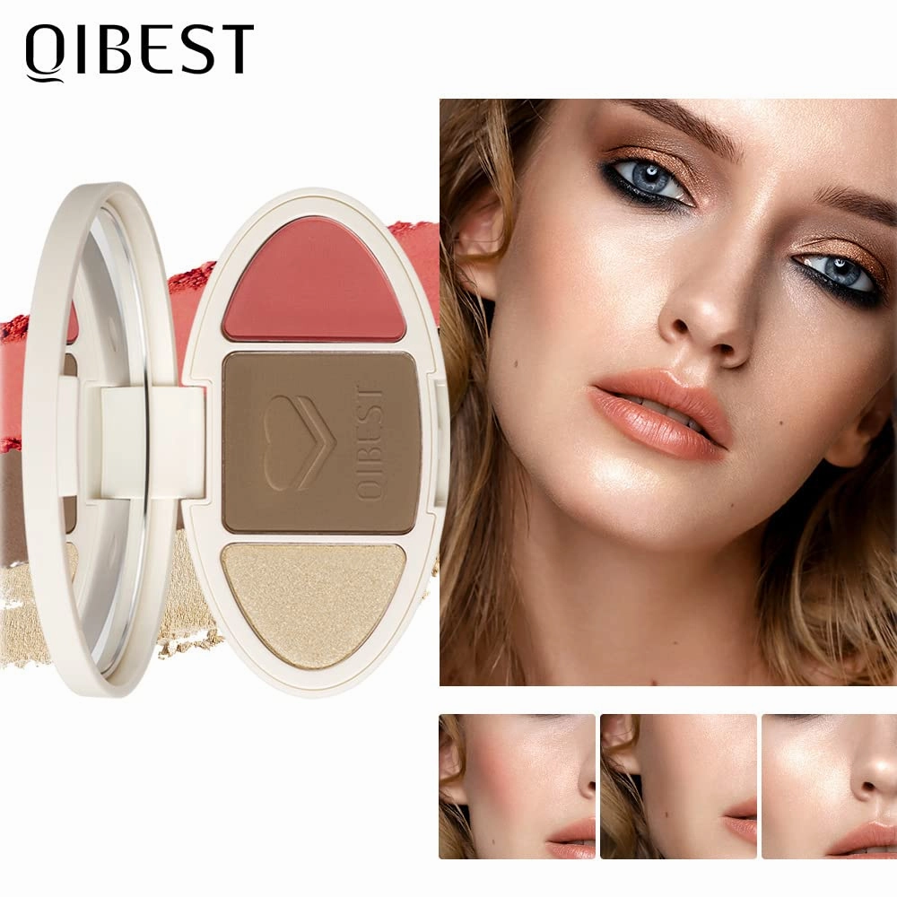 QiBest Facial Highlighting Contouring Blush 3-in-1 Matte Brightening Glitter Rouge Pan 5-Color Correcting Powder Foundation Contouring Beauty Cosmetics Lasting (D)