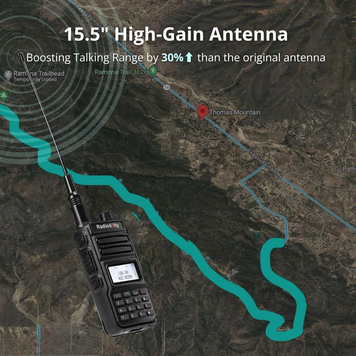 Radioddity GM-30 GMRS Radio Handheld 5W Long Range, GMRS Repeater Capable, 11 NOAA Channels, Display SYNC. Ideal for Off-Road Overlanding. Includes Programming Cable, 15.5” High Gain Antenna, 2 Pack