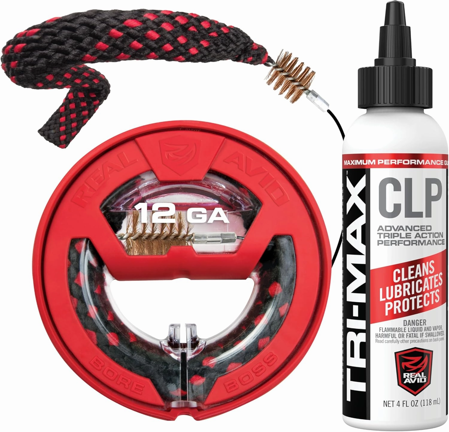 Real Avid Bore Cleaning Combo | Bore Boss Cleaning System | Rapid Pull Through Barrel & Bore Cleaning Cable w/Integrated Brush & Mop   CLP Cleaner and Lubricant