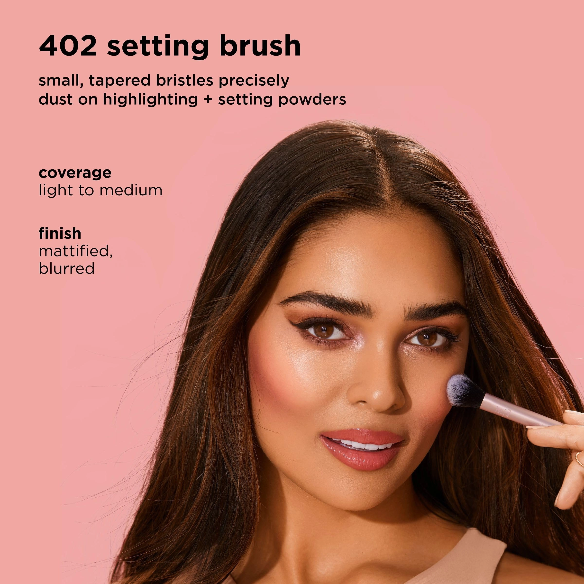 Real Techniques Makeup Setting Brush, For Setting Powder, Loose Powder, & Pressed Powder, Face Makeup Brush, 402 Brush, Sheer Coverage For Highlighter, Synthetic & Cruelty-Free Bristles, 1 Count