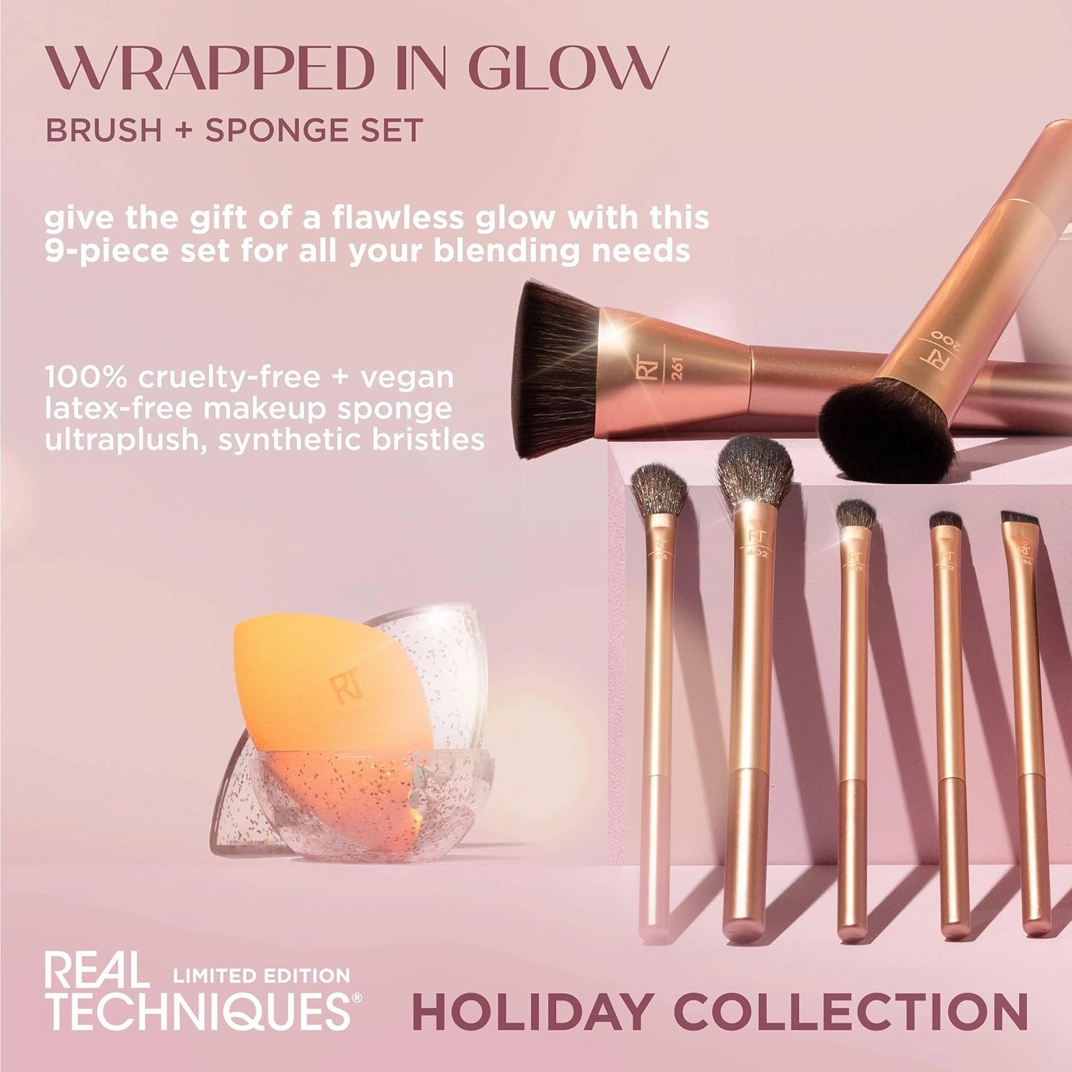 Real Techniques Wrapped In Glow Brush   Sponge 9 Piece Holiday Gift Set, Complete Makeup Brush Set, Foundation Sponge, Seamless Blending & Travel Case, Stocking Stuffer, Limited Edition, Latex-Free