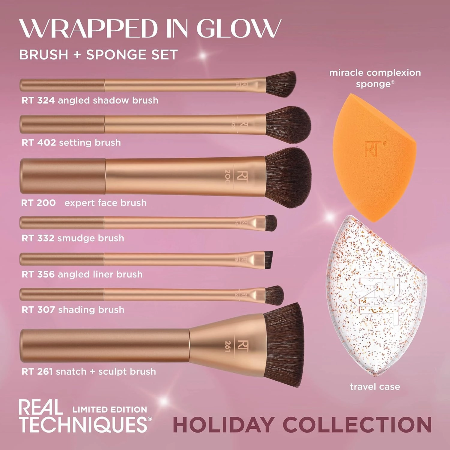 Real Techniques Wrapped In Glow Brush   Sponge 9 Piece Holiday Gift Set, Complete Makeup Brush Set, Foundation Sponge, Seamless Blending & Travel Case, Stocking Stuffer, Limited Edition, Latex-Free