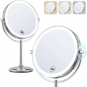 Rechargeable 10x/1x LED Makeup Mirror with Lights, Magnification & 3 Color Modes - 9 Inch, Type C Charging, 2000mAh Battery, Lighted Vanity Mirror for Desk, Magnifying Mirror for Makeup Enthusiasts