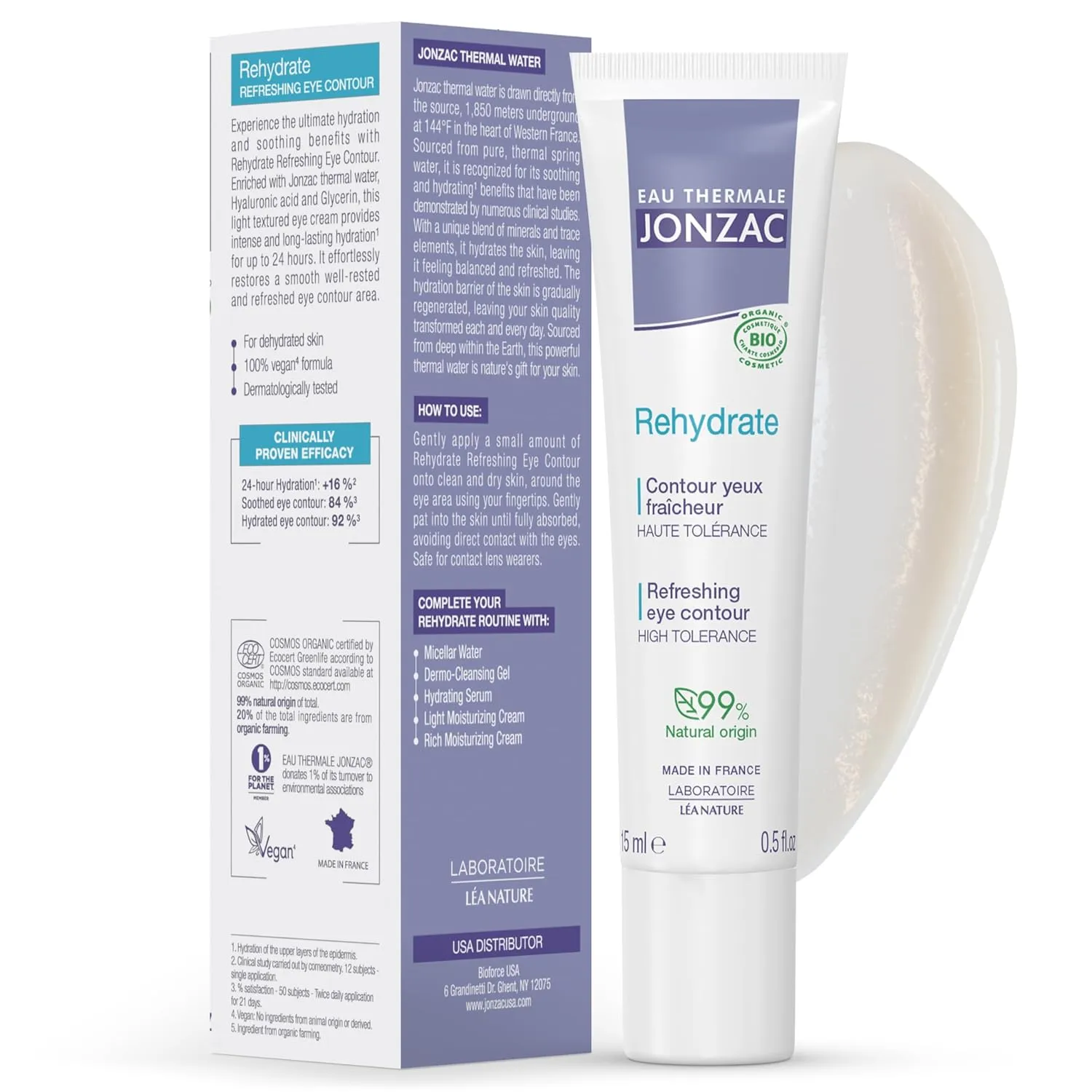 Rehydrate Organic Refreshing Eye Contour Cream - Soothing Hydration with Hyaluronic Acid For Dark Circles -For Sensitive Skin 0.5 Fl Oz