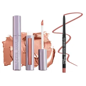 Runway Rogue ‘Couture’ Golden-Copper Silk Glam Long Wear Liquid Lipstick Bundle with ‘Nude Awakening’ Matte Soft-Peach Designer Liner Lip Liner