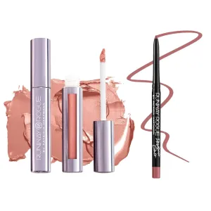 Runway Rogue ‘Paparazzi’ Frosted-Peach Silk Glam Long Wear Liquid Lipstick Bundle with ‘A List’ Matte Soft-Pink Designer Liner Lip Liner