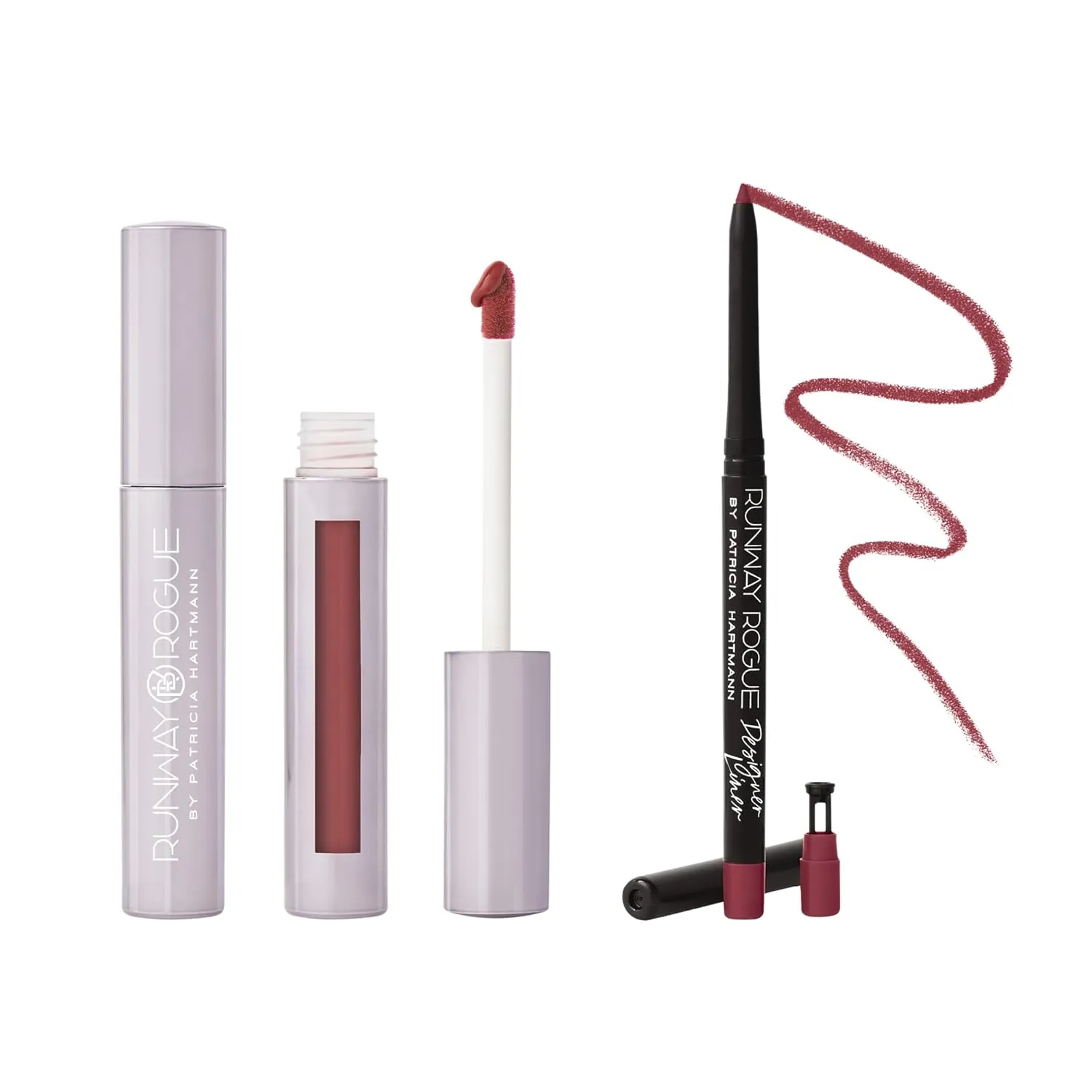 Runway Rogue ‘That Walk!’ Velvet Glam Liquid Lipstick with ‘Get the Look’ Matte Garnet-Maroon Lip Liner Pencil and Lip Liner Sharpener