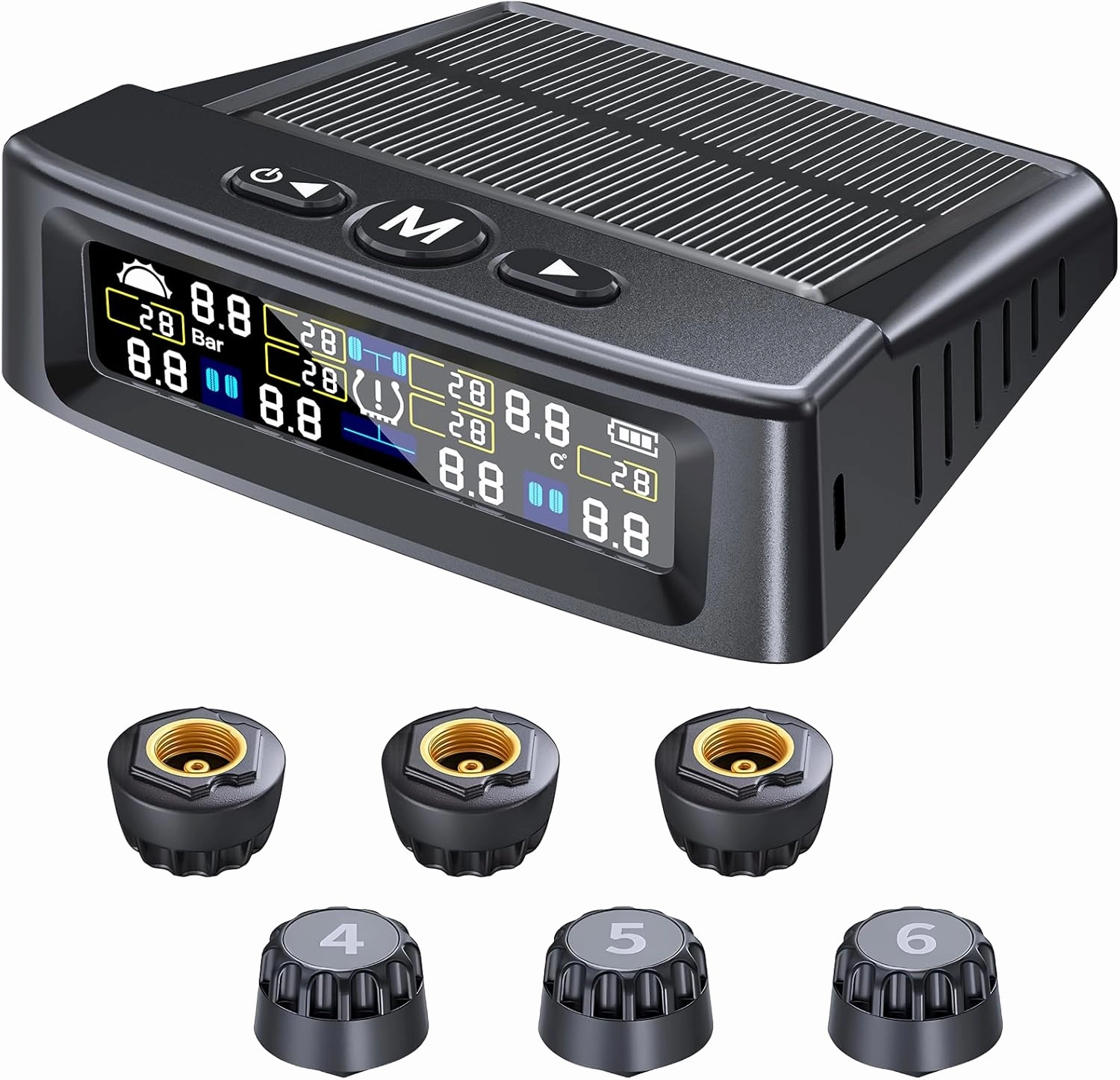 RV Tire Pressure Monitoring System - 6 Sensors TPMS with Solar/USB-C Charging & Auto-Dimming LCD Display, 0-9.9BAR 144PSI, Compatible for RV/Trailer/Truck