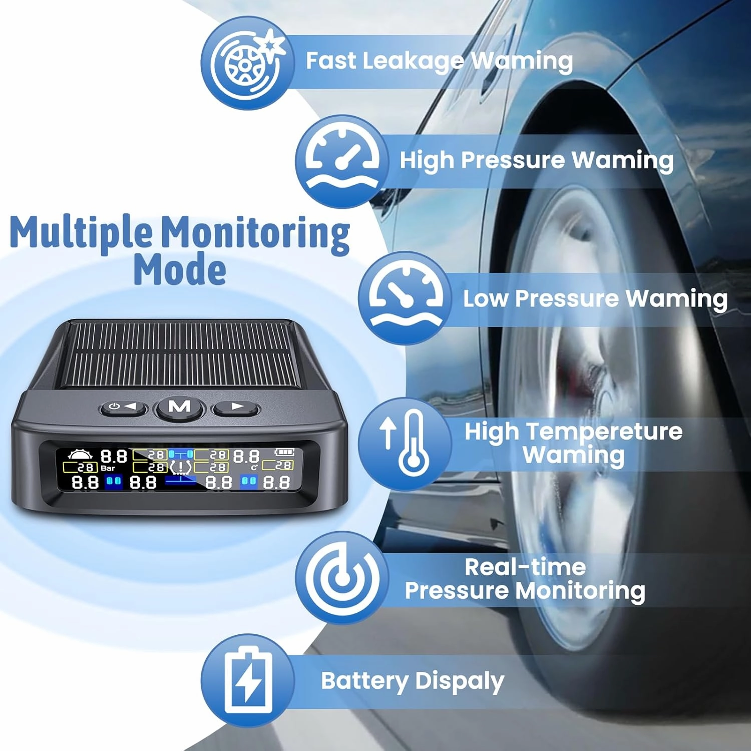 RV Tire Pressure Monitoring System - 6 Sensors TPMS with Solar/USB-C Charging & Auto-Dimming LCD Display, 0-9.9BAR 144PSI, Compatible for RV/Trailer/Truck