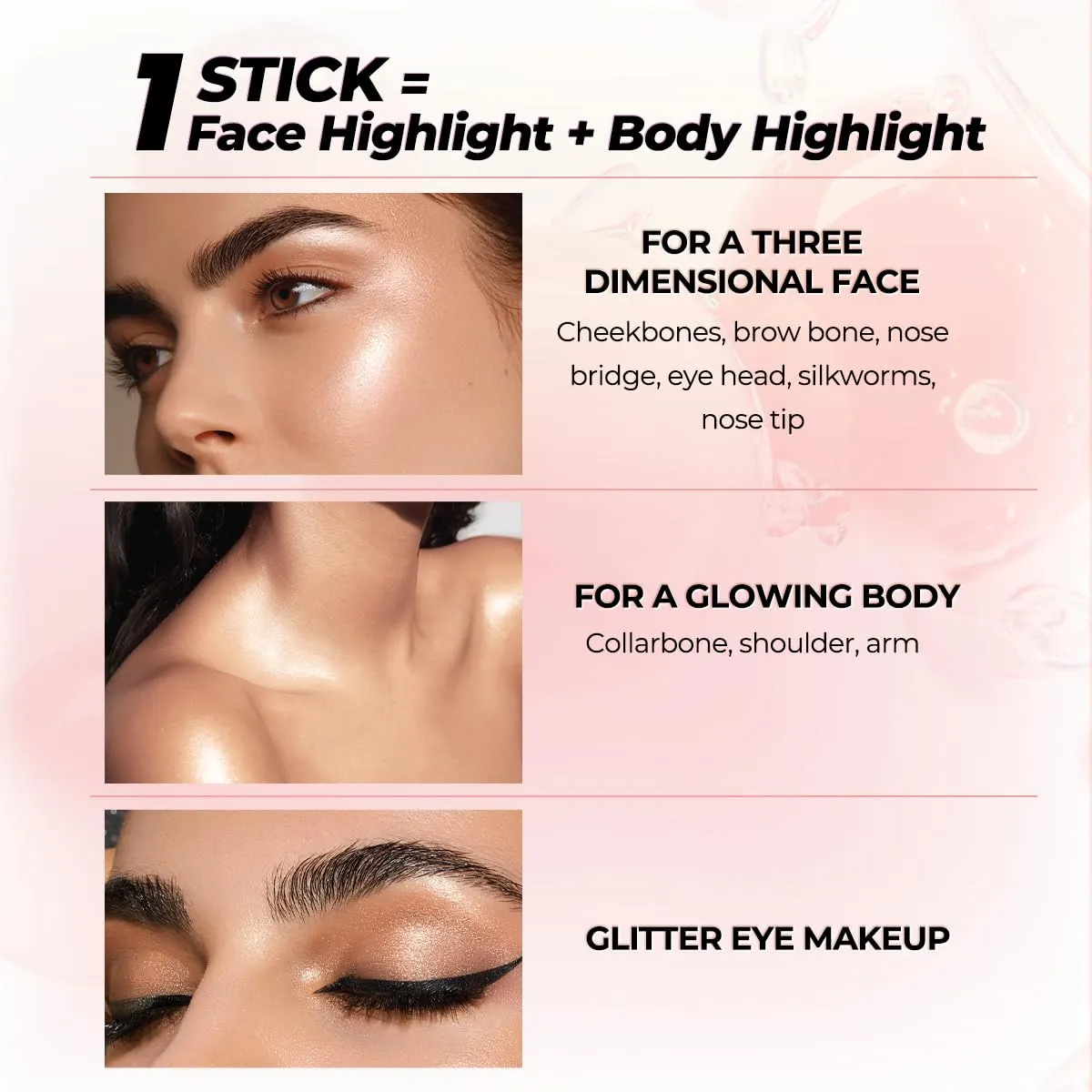 SACE LADY Jelly Highlighter Stick, Face Glow Sticks with Watery Radiant Finish, Easy Blend & Long Lasting, Multi-Use Cream Highlighter Makeup 3 Colors