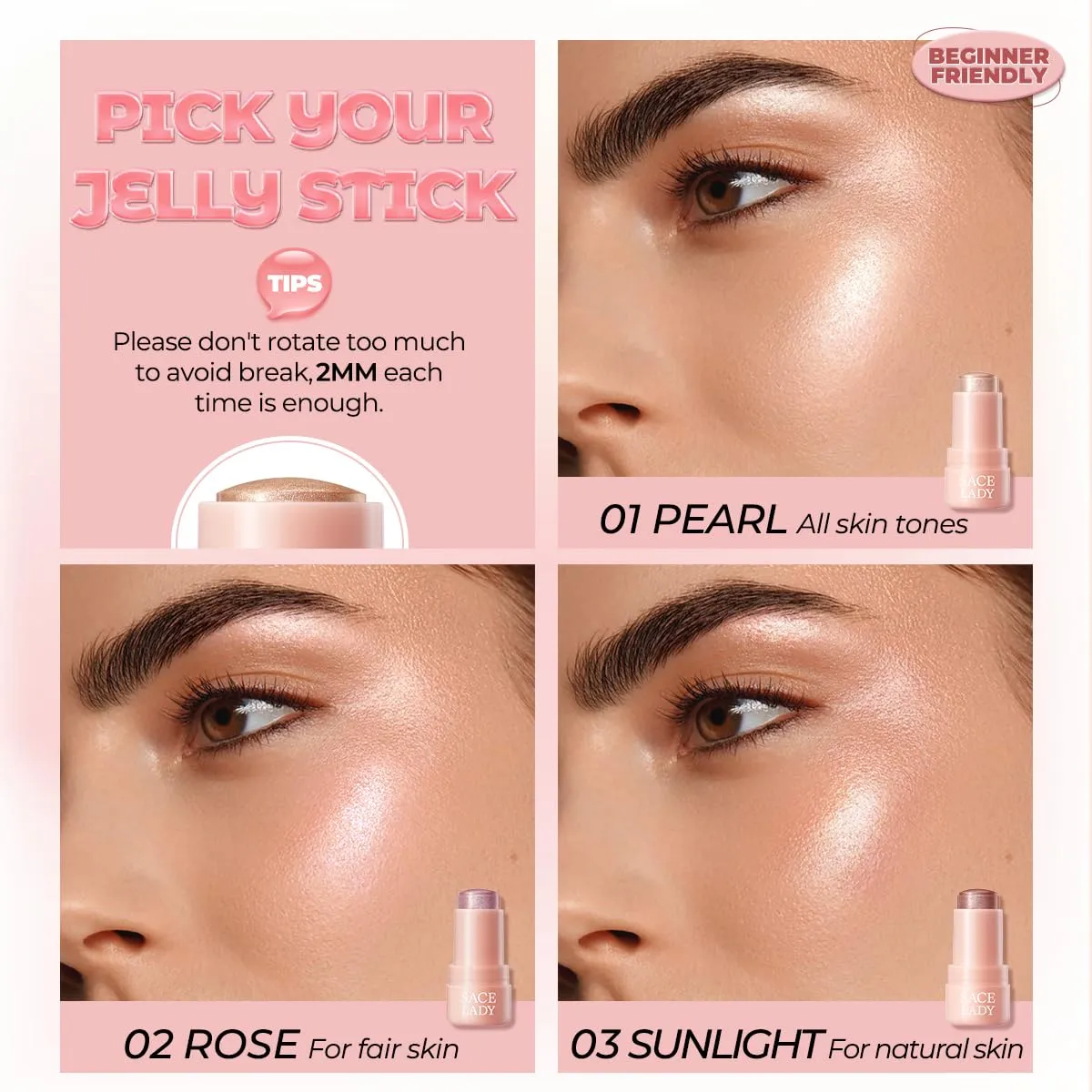 SACE LADY Jelly Highlighter Stick, Face Glow Sticks with Watery Radiant Finish, Easy Blend & Long Lasting, Multi-Use Cream Highlighter Makeup 3 Colors
