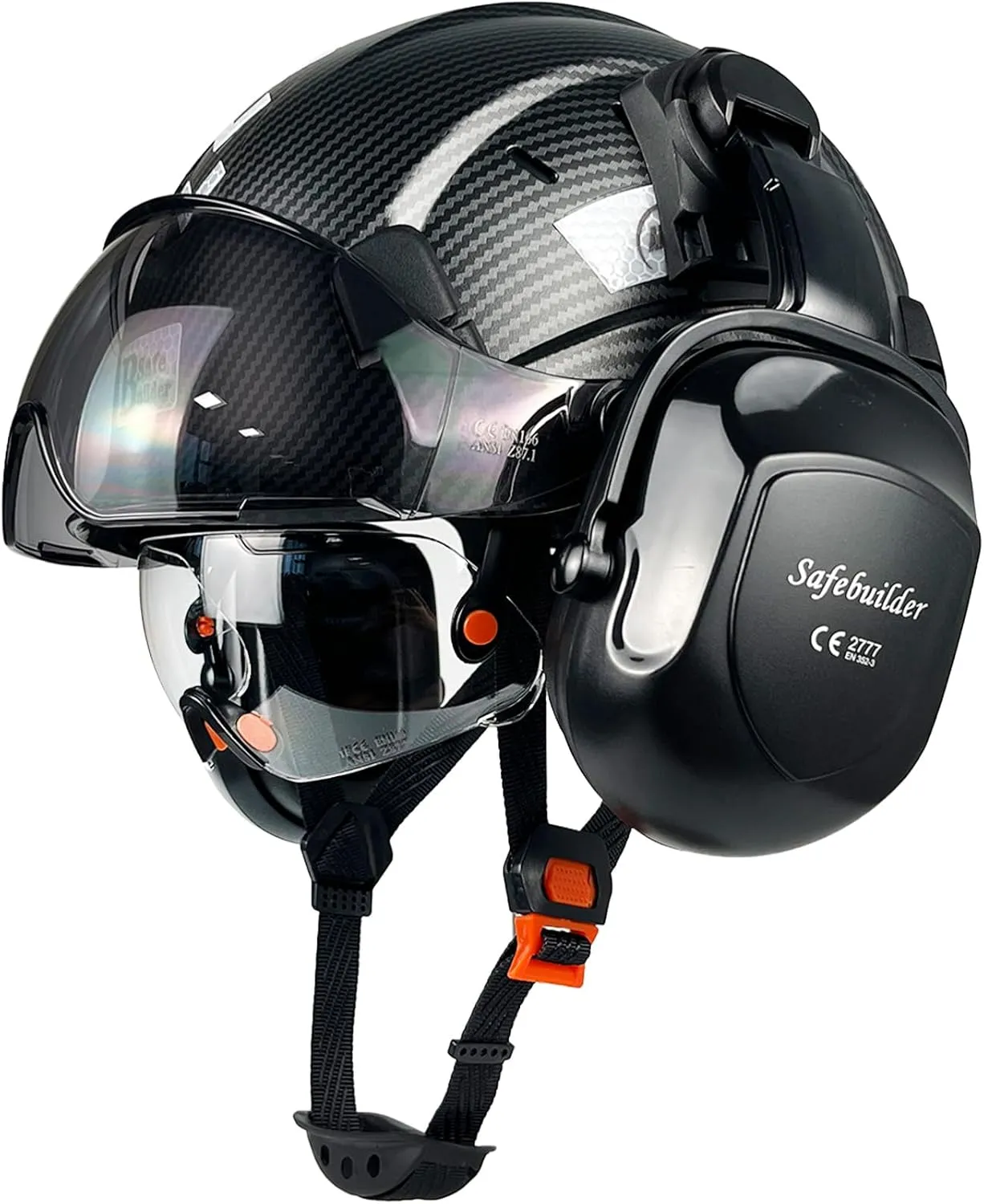 Safety Helmet With Goggles Ear Muffs Work at Hight Carbon Fiber Abs Hard Hats For Industrial Construction Head Protection ANSI Z89.1 Approve (01-Matte Black Clear&Tinted Goggle B07Earmuff)