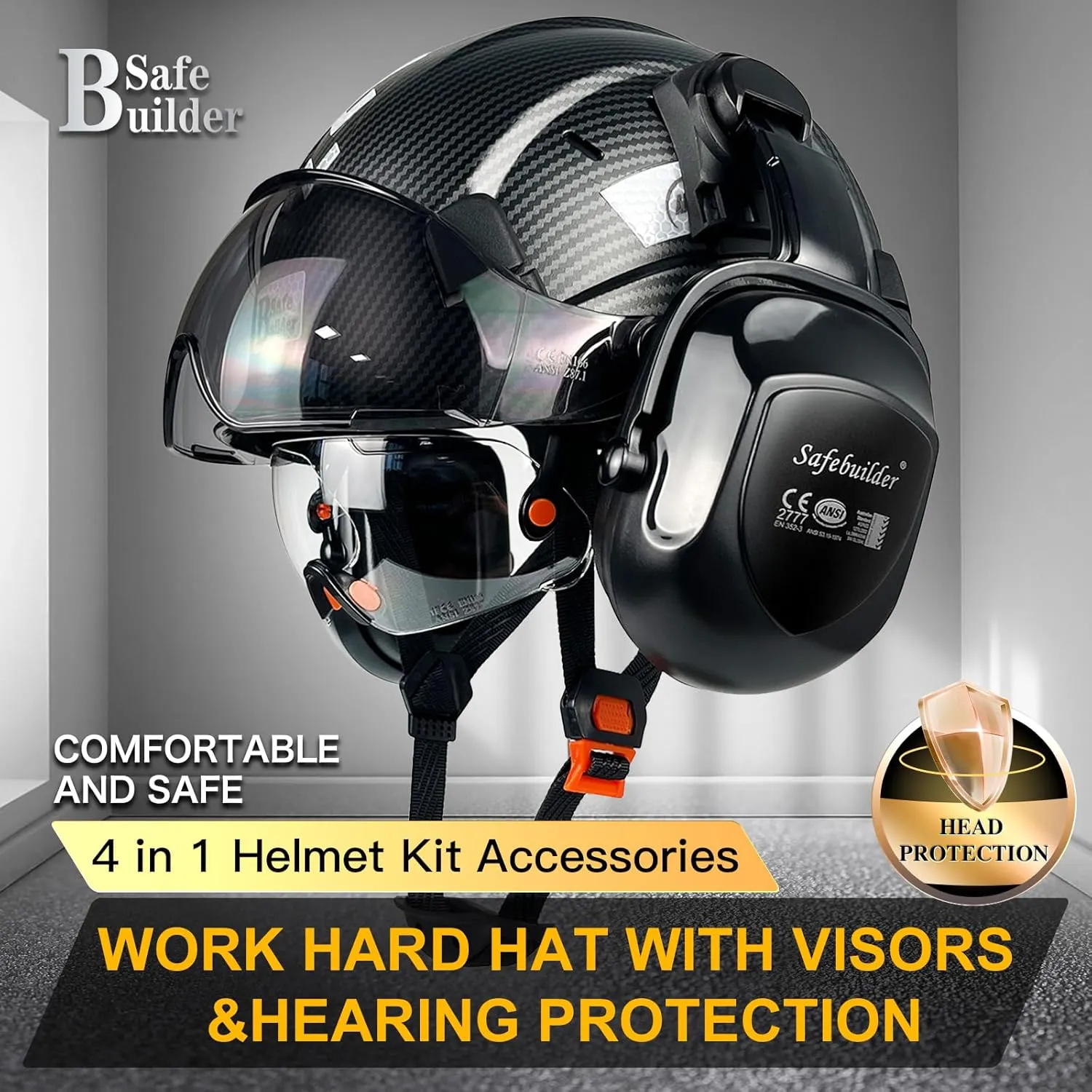 Safety Helmet With Goggles Ear Muffs Work at Hight Carbon Fiber Abs Hard Hats For Industrial Construction Head Protection ANSI Z89.1 Approve (01-Matte Black Clear&Tinted Goggle B07Earmuff)