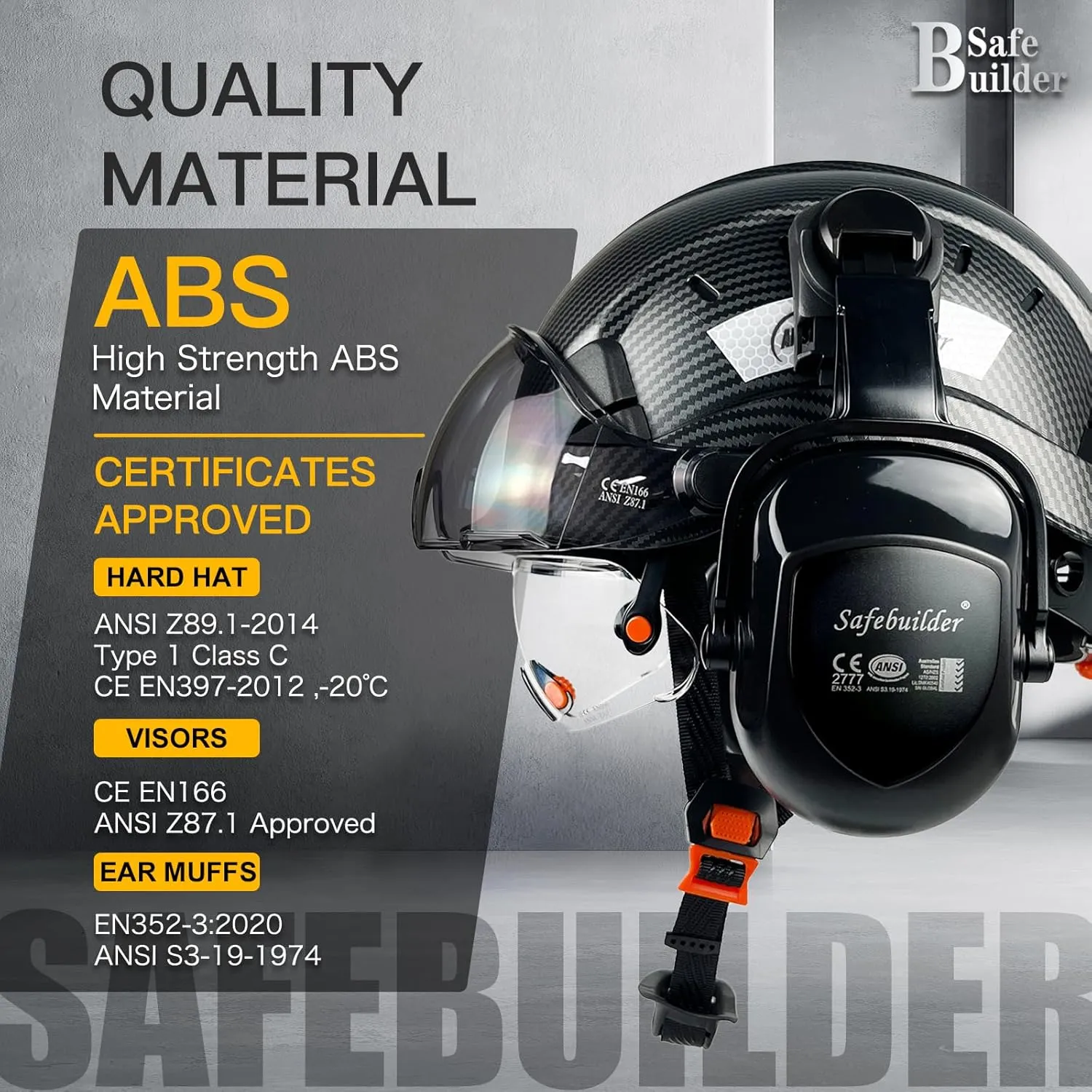 Safety Helmet With Goggles Ear Muffs Work at Hight Carbon Fiber Abs Hard Hats For Industrial Construction Head Protection ANSI Z89.1 Approve (01-Matte Black Clear&Tinted Goggle B07Earmuff)