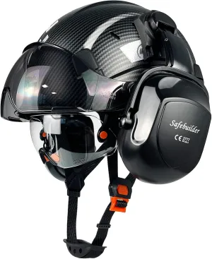 Safety Helmet With Goggles Ear Muffs Work at Hight Carbon Fiber Abs Hard Hats For Industrial Construction Head Protection ANSI Z89.1 Approve (01-Matte Black Clear&Tinted Goggle B07Earmuff)