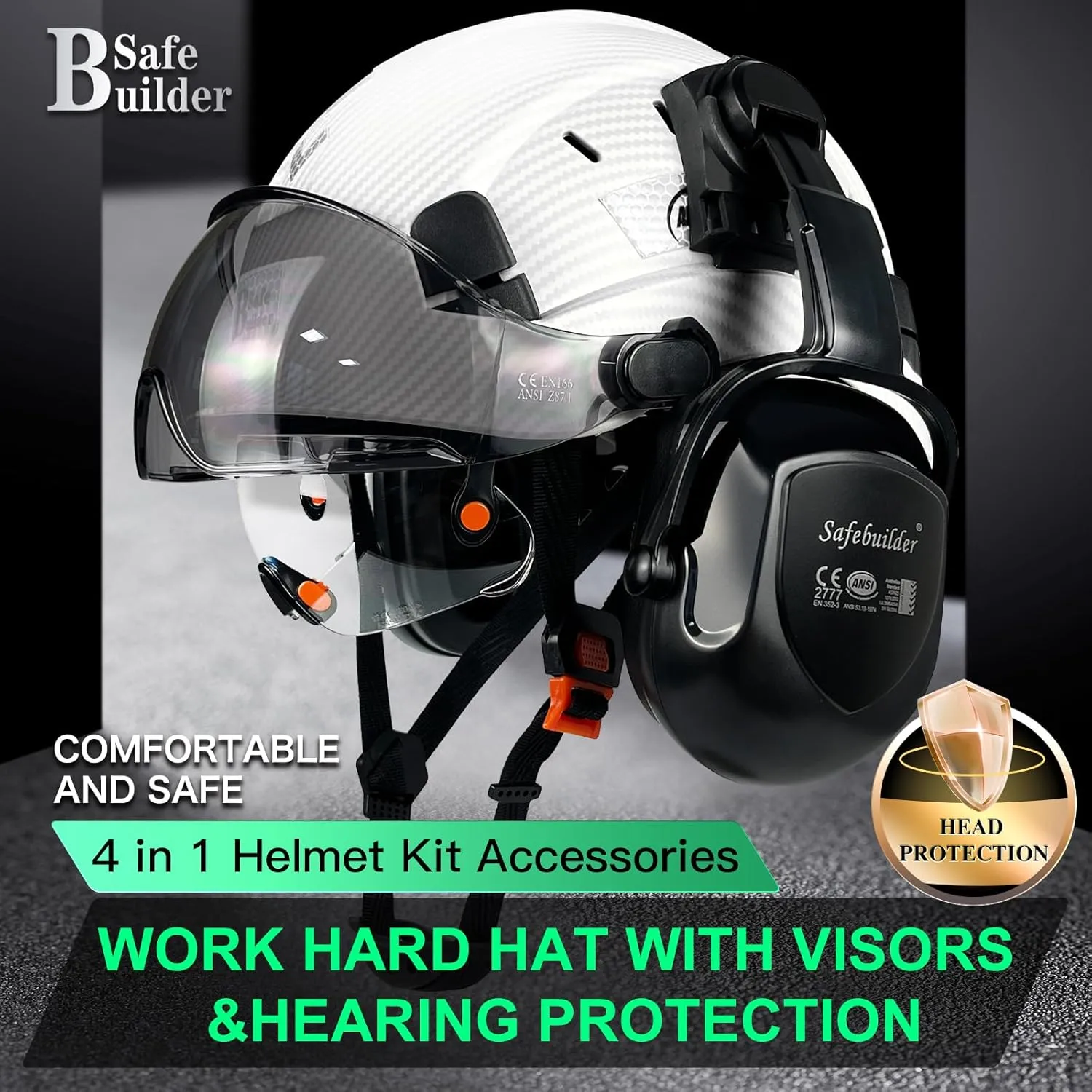 Safety Helmet With Visor Ear Muffs Work at Hight Carbon Fiber Abs Hard Hat For Industrial Construction Head Protection ANSI Z89.1 Approved(01-Matte White Clear&Tinted Visors B07E Earmuffs)