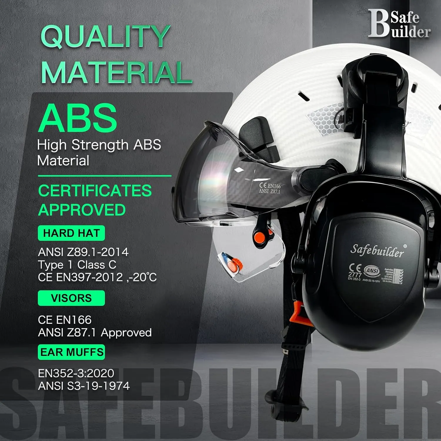 Safety Helmet With Visor Ear Muffs Work at Hight Carbon Fiber Abs Hard Hat For Industrial Construction Head Protection ANSI Z89.1 Approved(01-Matte White Clear&Tinted Visors B07E Earmuffs)