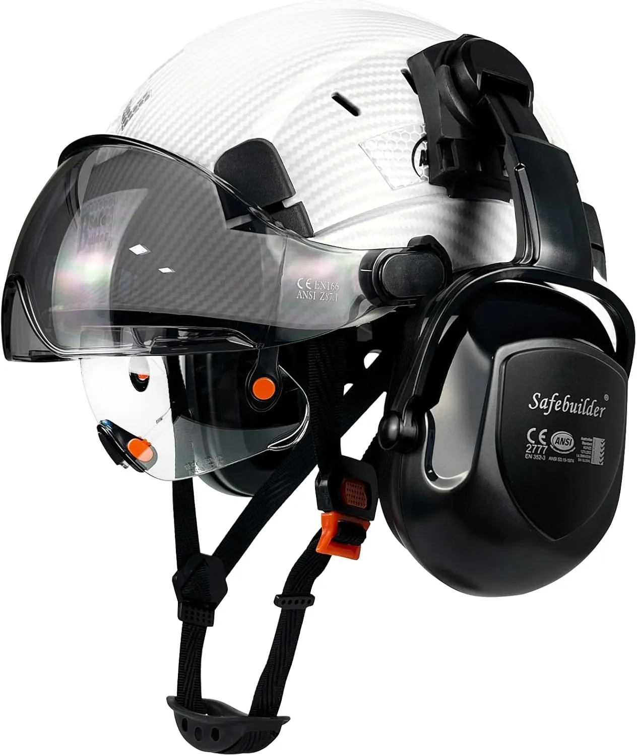 Safety Helmet With Visor Ear Muffs Work at Hight Carbon Fiber Abs Hard Hat For Industrial Construction Head Protection ANSI Z89.1 Approved(01-Matte White Clear&Tinted Visors B07E Earmuffs)