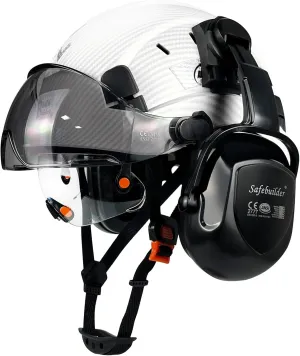 Safety Helmet With Visor Ear Muffs Work at Hight Carbon Fiber Abs Hard Hat For Industrial Construction Head Protection ANSI Z89.1 Approved(01-Matte White Clear&Tinted Visors B07E Earmuffs)