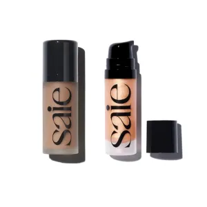 Saie Radiant Glow Duo - Dew Bronze Soft-Focus Liquid Bronzer in Sand (0.4 oz) & Mini Glowy Super Gel Lightweight Illuminator in Sunglow (0.5 oz), Hydrating Makeup Essentials for a Sun-Kissed Glow