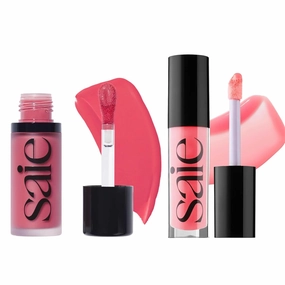Saie Dewy Glow Duo - Dew Liquid Blush - (.40 oz, Flirty), Glossybounce Lip Gloss-Oil Hybrid (.17 oz, Burst) - Hydrating, Vegan Makeup for Radiant Cheeks & Lips
