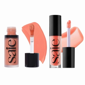 Saie Dewy Glow Duo - Dew Liquid Blush - (.40 oz, Hottie), Glossybounce Lip Gloss-Oil Hybrid (.17 oz, Splash) - Hydrating, Vegan Makeup for Radiant Cheeks & Lips