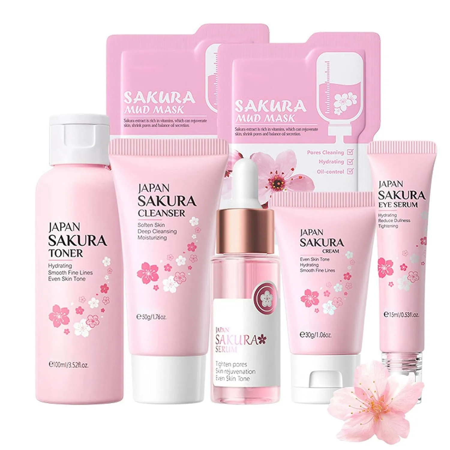Sakura Skincare Set, Skin Care Routine Kit For Women, 7-In-1 Travel Size Toiletries Facial Kit, Deep Cleaning Skincare Kit, Teen Skin Care Kit Birthday Skincare Gift Set For Women