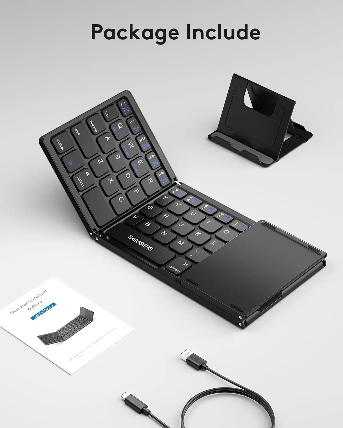 Samsers Foldable Bluetooth Keyboard with Touchpad - Portable Wireless Keyboard with Holder, Rechargeable Full Size Ultra Slim Pocket Folding Keyboards for Android Windows iOS Tablet & Laptop - Black