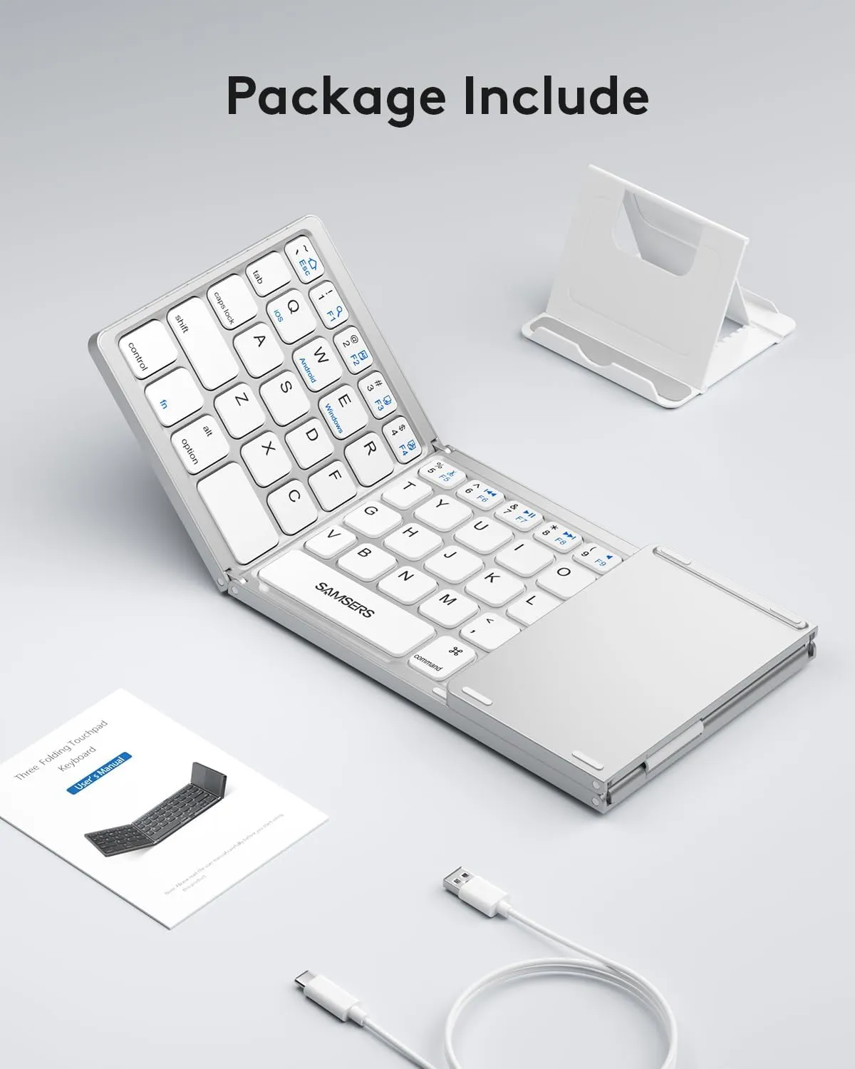 Samsers Foldable Bluetooth Keyboard with Touchpad - Portable Wireless Keyboard with Holder, Rechargeable Full Size Ultra Slim Pocket Folding Keyboards for Android Windows iOS Tablet & Laptop - Silver