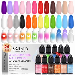 SAVILAND Airbrush Gel Nail Polish: Dilution-Free 24 Colors Airbrush for Nails with Airbrush for Gradients Nails Blush Nails Layered Nail Art Various Pattern High Color Saturation for Home Salon Kit