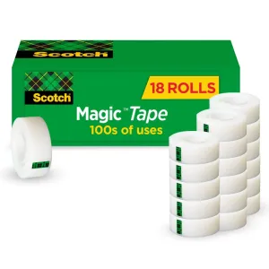 Scotch Magic Tape, 18 Rolls, Numerous Applications, Invisible, Engineered for Repairing, 3/4 x 1000 Inches, Boxed