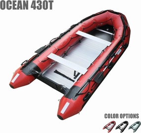 Seamax Ocean430T Commercial Grade Inflatable Boat, 14ft. x 6.4ft, 5 Pontoon Chambers, Aluminum Floor, V Bottom, Max Support 35HP Motor, Coast Guard Standard Reflective Tapes, Multi-Purpose (Red)
