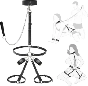 Sex Bondage Wrist & Thigh Cuffs BDSM Restraints Set Adult Sex Toys for Couples Neck to Wrist SM Game Set with Adjustable Collar & Leash Handcuffs Thigh Cuffs Cross Waist Strap Bondage Gear Harness