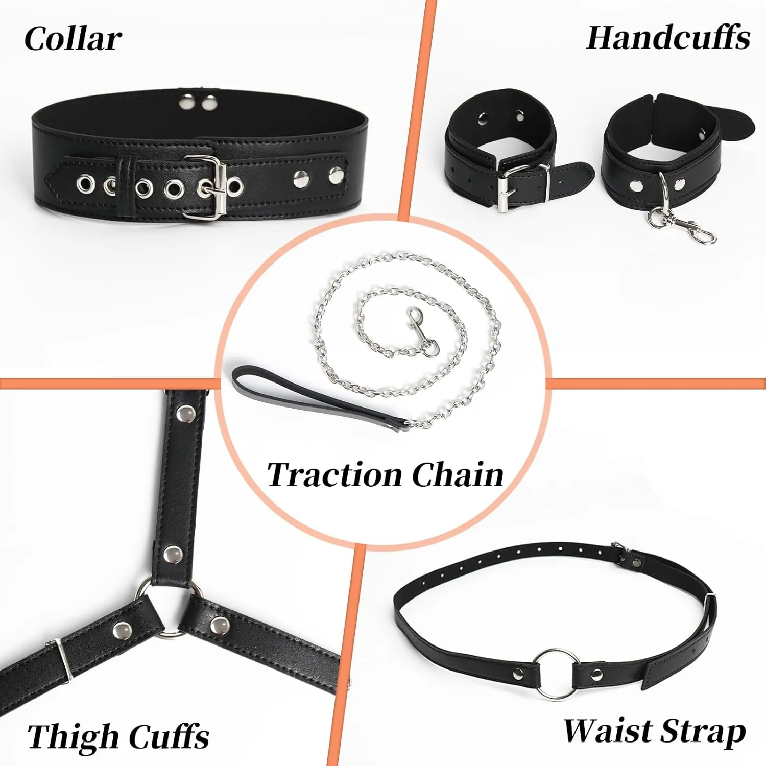 Sex Bondage Wrist & Thigh Cuffs BDSM Restraints Set Adult Sex Toys for Couples Neck to Wrist SM Game Set with Adjustable Collar & Leash Handcuffs Thigh Cuffs Cross Waist Strap Bondage Gear Harness