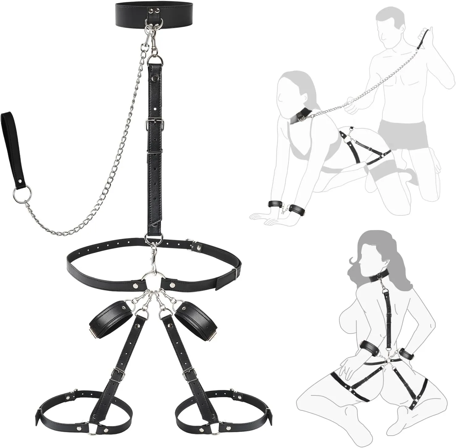 Sex Bondage Wrist & Thigh Cuffs BDSM Restraints Set Adult Sex Toys for Couples Neck to Wrist SM Game Set with Adjustable Collar & Leash Handcuffs Thigh Cuffs Cross Waist Strap Bondage Gear Harness