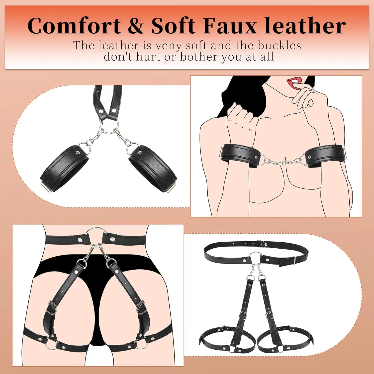Sex Bondage Wrist & Thigh Cuffs BDSM Restraints Set Adult Sex Toys for Couples Neck to Wrist SM Game Set with Adjustable Collar & Leash Handcuffs Thigh Cuffs Cross Waist Strap Bondage Gear Harness
