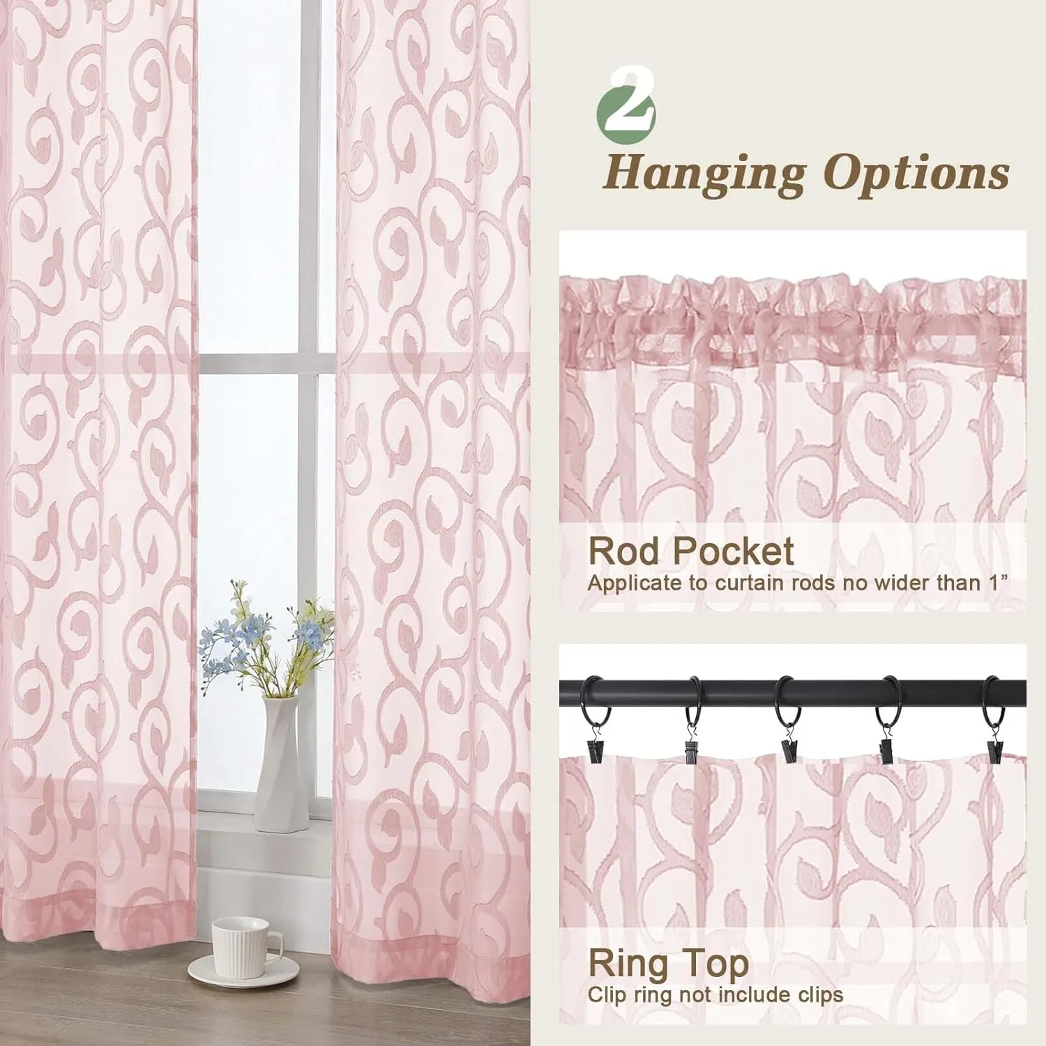 Sheer Blush Curtains for Bedroom Living Room 96 Inches Long 2 Panels Set, Soft Airy Light Filtering Geometric Jacquard Clip Curtains Drapes, Blush, 2Pcs Each 42" Wx96 L Inch