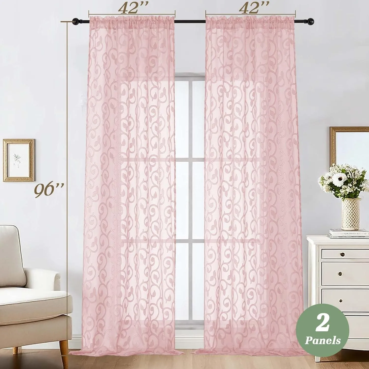 Sheer Blush Curtains for Bedroom Living Room 96 Inches Long 2 Panels Set, Soft Airy Light Filtering Geometric Jacquard Clip Curtains Drapes, Blush, 2Pcs Each 42" Wx96 L Inch