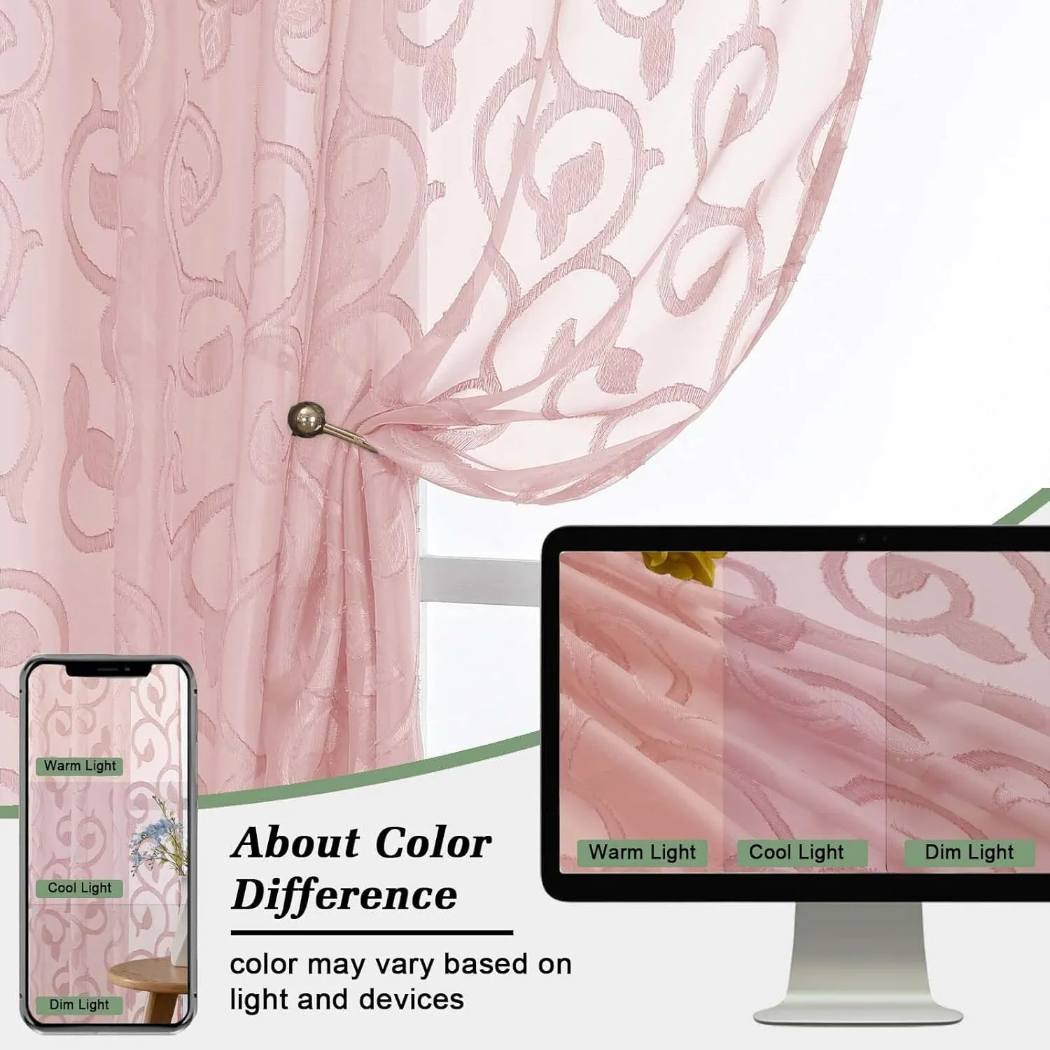 Sheer Blush Curtains for Bedroom Living Room 96 Inches Long 2 Panels Set, Soft Airy Light Filtering Geometric Jacquard Clip Curtains Drapes, Blush, 2Pcs Each 42" Wx96 L Inch