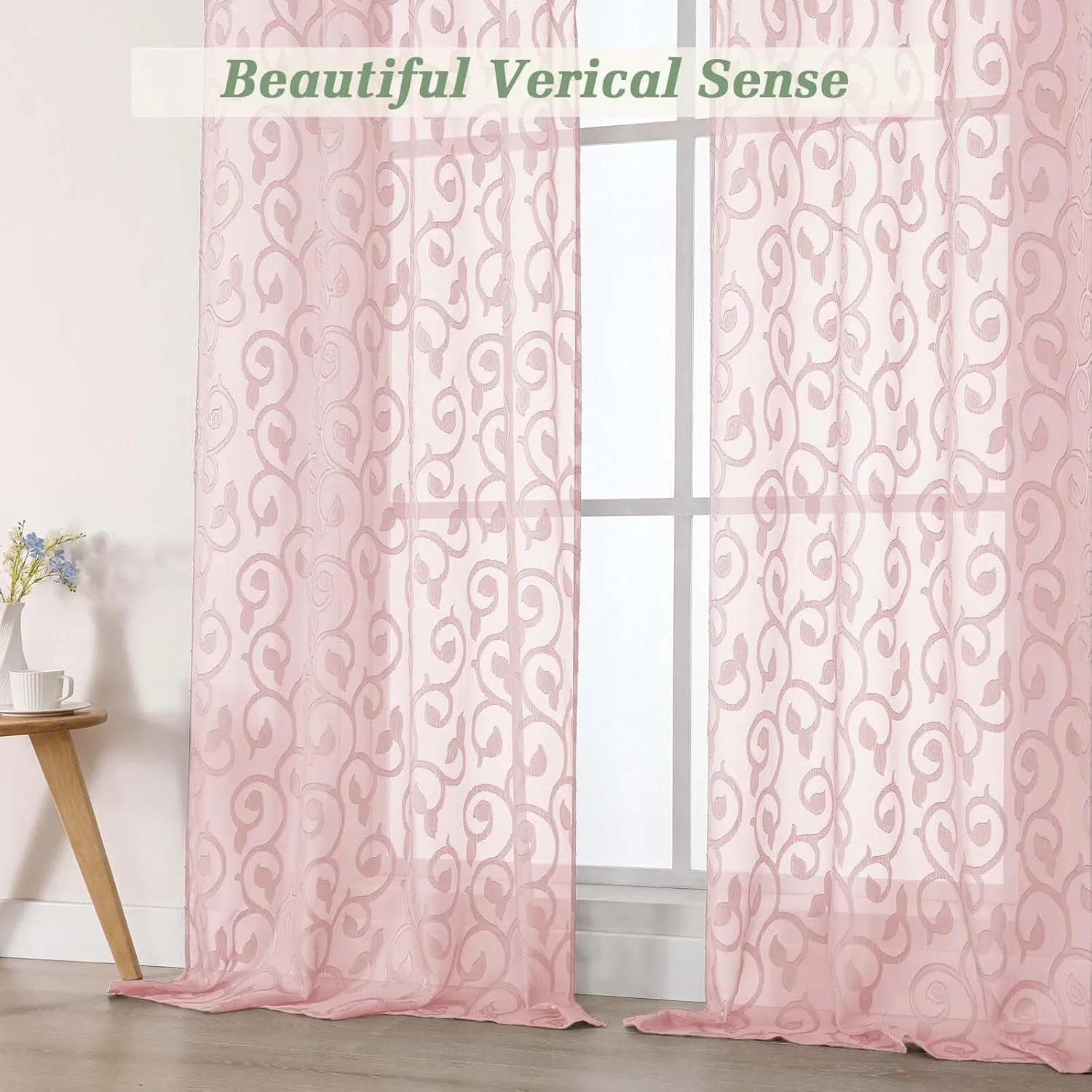 Sheer Blush Curtains for Bedroom Living Room 96 Inches Long 2 Panels Set, Soft Airy Light Filtering Geometric Jacquard Clip Curtains Drapes, Blush, 2Pcs Each 42" Wx96 L Inch