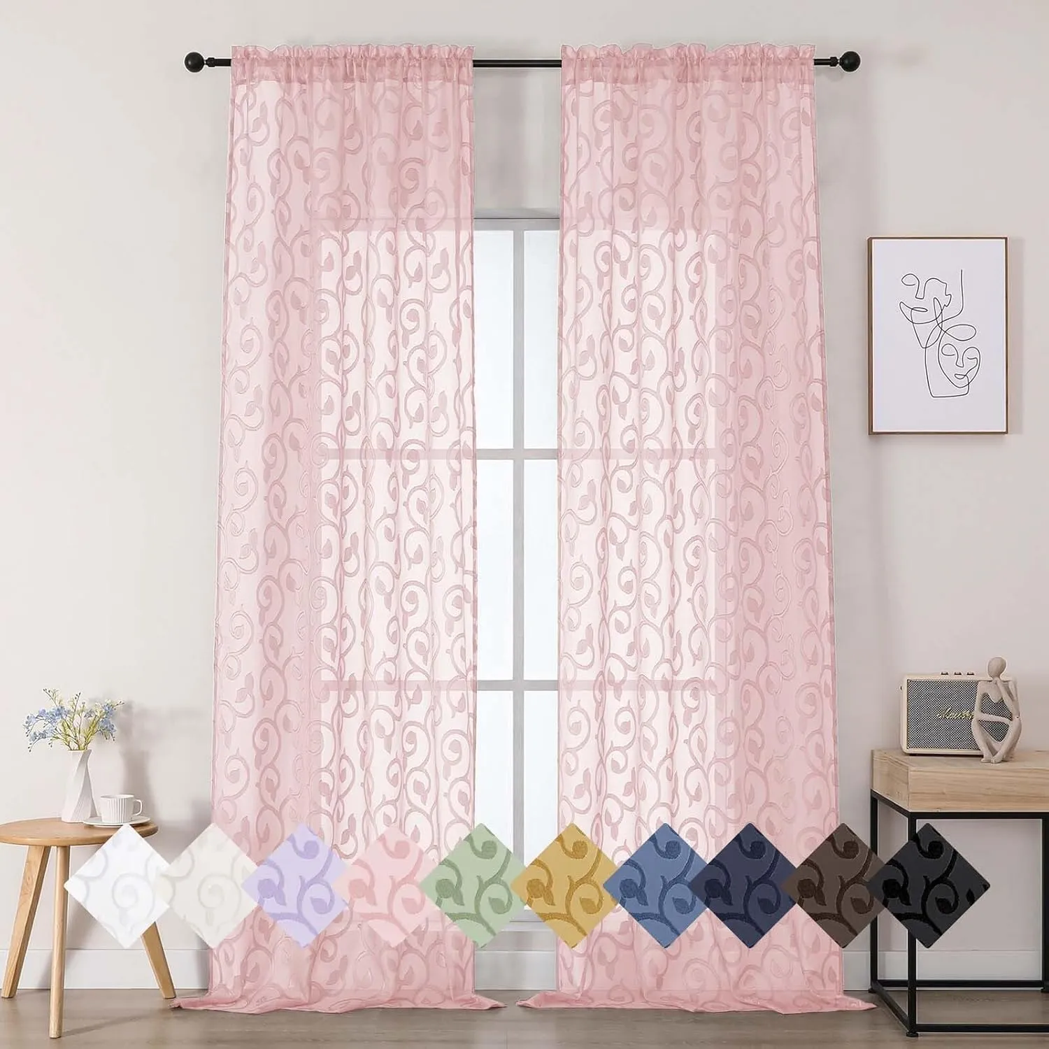 Sheer Blush Curtains for Bedroom Living Room 96 Inches Long 2 Panels Set, Soft Airy Light Filtering Geometric Jacquard Clip Curtains Drapes, Blush, 2Pcs Each 42" Wx96 L Inch