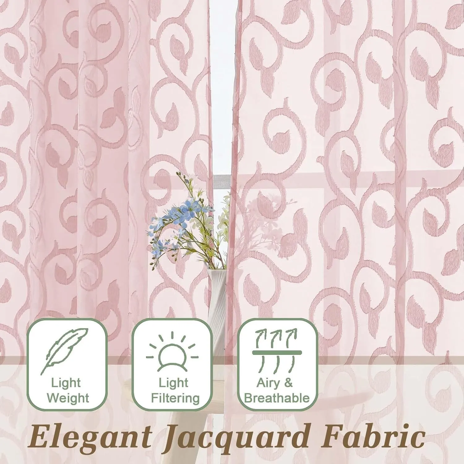Sheer Blush Curtains for Bedroom Living Room 96 Inches Long 2 Panels Set, Soft Airy Light Filtering Geometric Jacquard Clip Curtains Drapes, Blush, 2Pcs Each 42" Wx96 L Inch