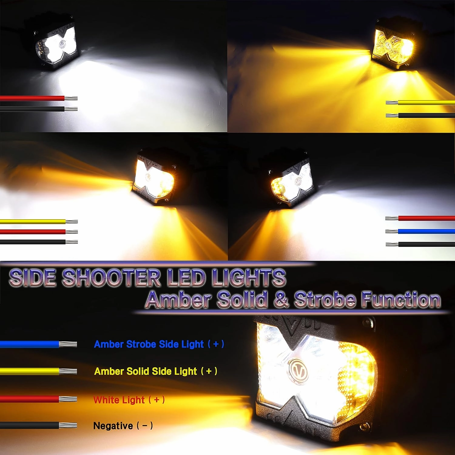 Side Shooter LED Light Pods with Amber Solid & Strobe Dual Side LED Cubes Off Road Spot Flood Driving Lights Compatible with Jeep Tractor Plow Truck ATV SUV UTV 4x4 Boat 2PCS