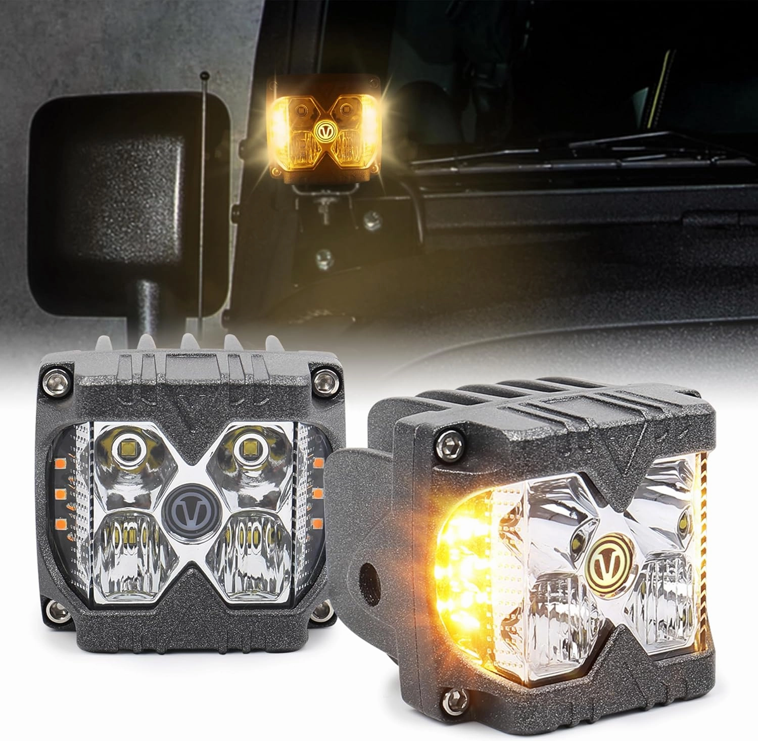 Side Shooter LED Light Pods with Amber Solid & Strobe Dual Side LED Cubes Off Road Spot Flood Driving Lights Compatible with Jeep Tractor Plow Truck ATV SUV UTV 4x4 Boat 2PCS