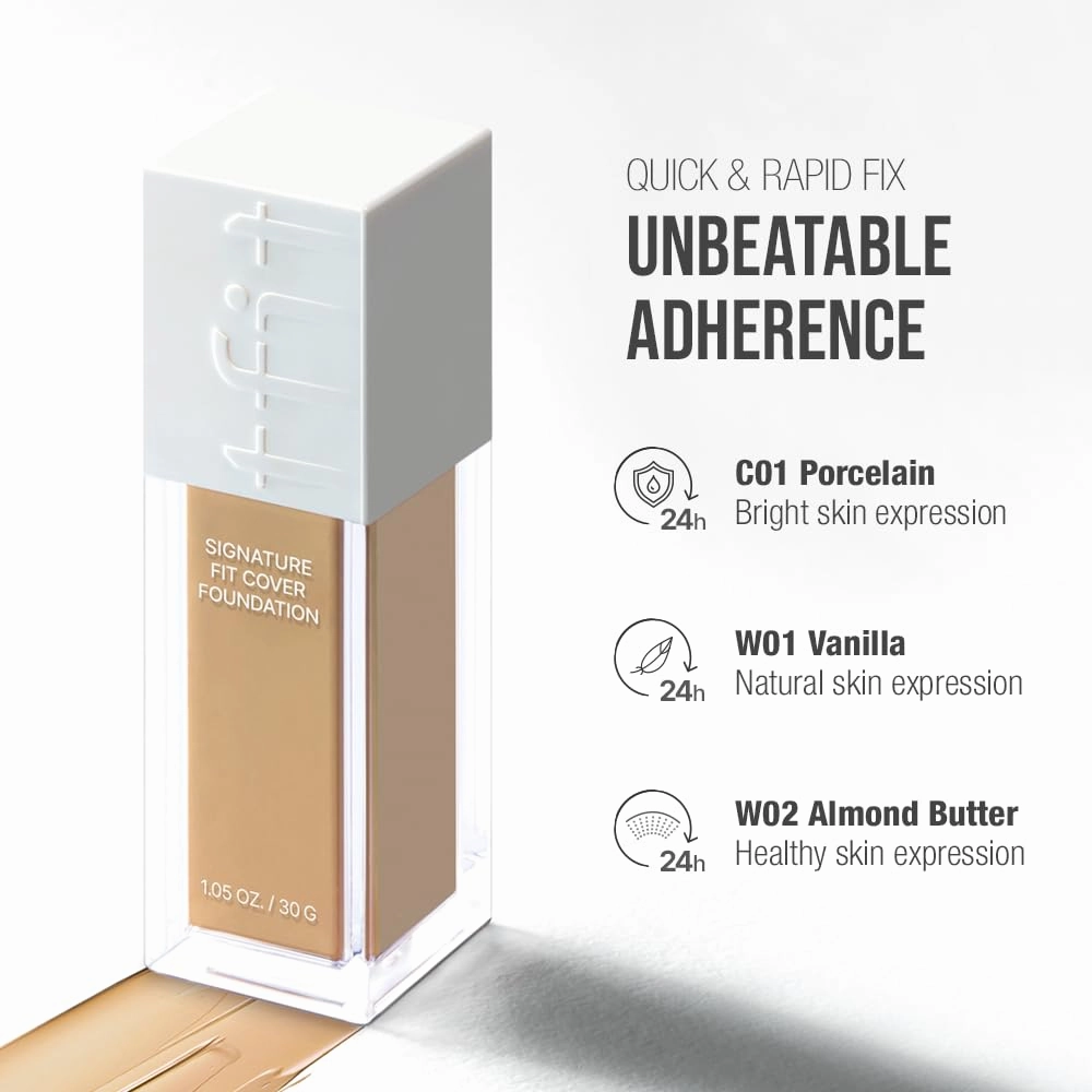 Signature Fit Cover Foundation - Blemish Cover, Full Coverage, Matte & Poreless Finish, Long-lasting & Lightweight, Korean Makeup, 1.02 Fl Oz (C01 Porcelain, 1.02 Fl Oz)