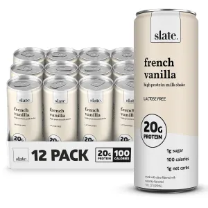 Slate Milk - High Protein Milk Shake - French Vanilla - Lactose Free, 20g Protein, 1g Sugar, 100 Calories, 1g Net Carbs, No Added Sugar - Natural, Breakfast Boost, Post Workout - 11 fl oz, 12 Cans