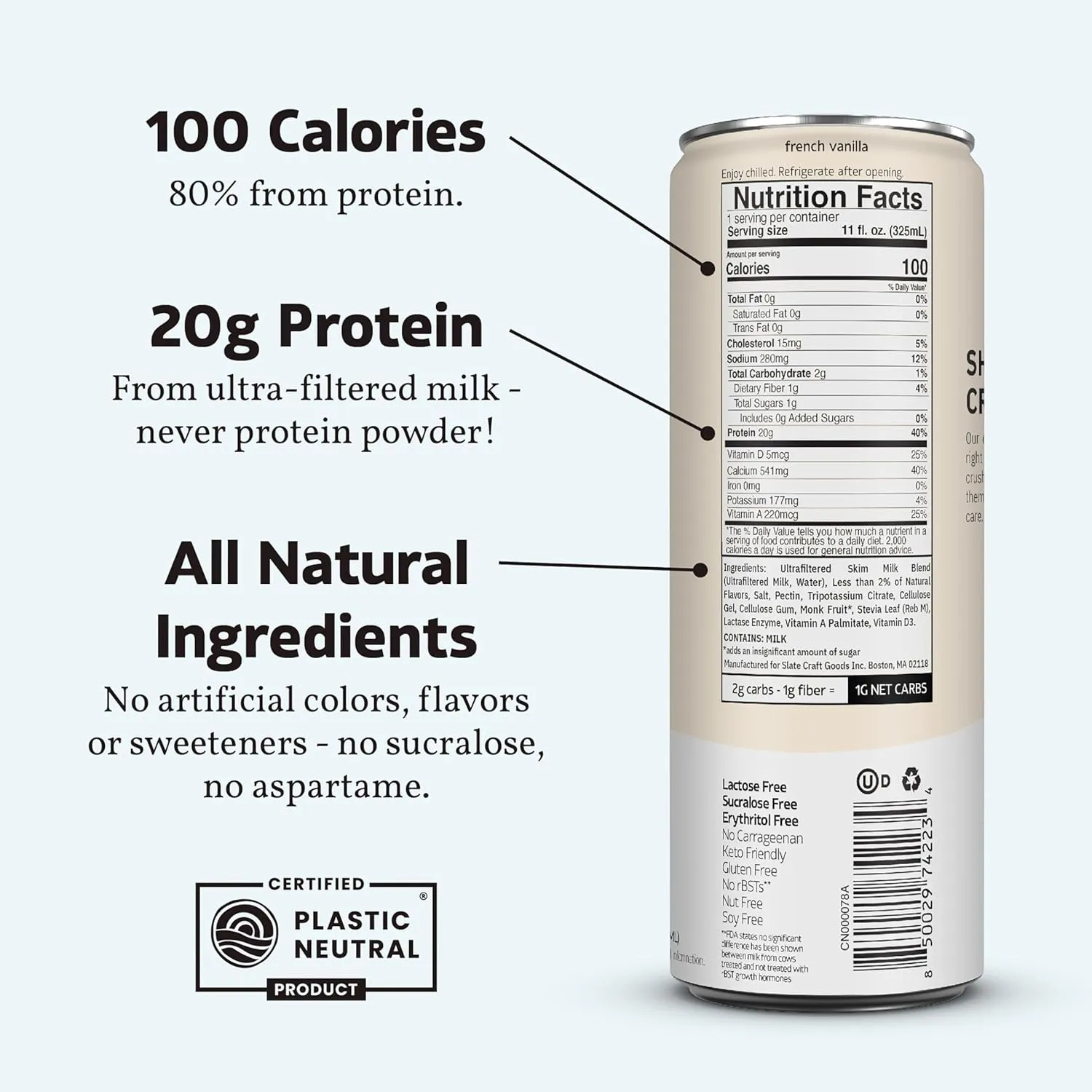 Slate Milk - High Protein Milk Shake - French Vanilla - Lactose Free, 20g Protein, 1g Sugar, 100 Calories, 1g Net Carbs, No Added Sugar - Natural, Breakfast Boost, Post Workout - 11 fl oz, 12 Cans