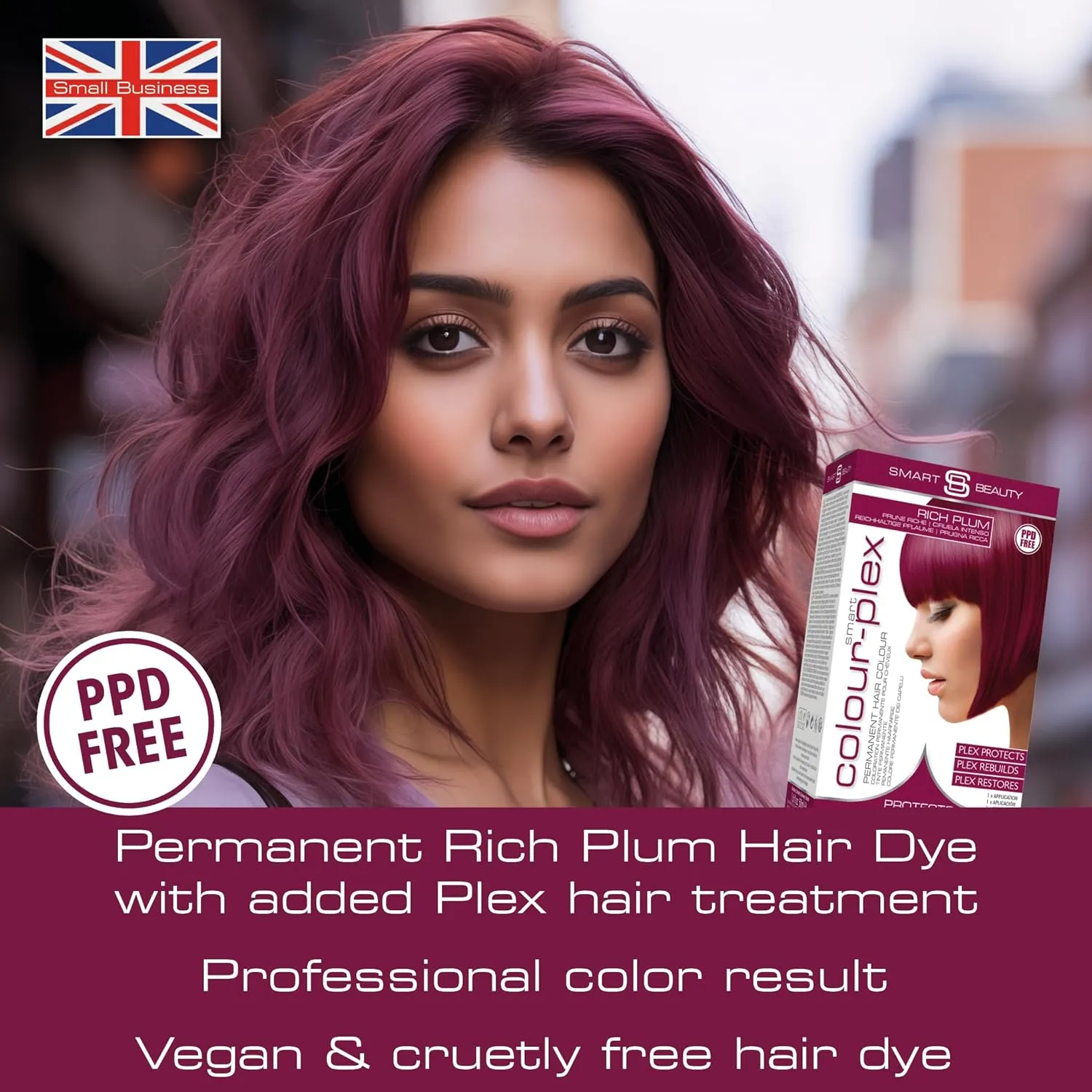 Smart Beauty Plum Hair Dye Permanent with Plex Anti-breakage Technology, Cream Form, Vegan, PPD Free, For Light to Mid-dark Brown Hair