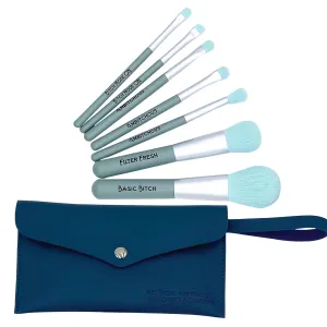 Smartass & Sass B*tchy Makeup Brush Set – 7-Piece Brush Kit with Vegan Leather Bag – Photo-Ready Tools for Bold Looks – "All Things Are Possible with Coffee & Mascara" Bag