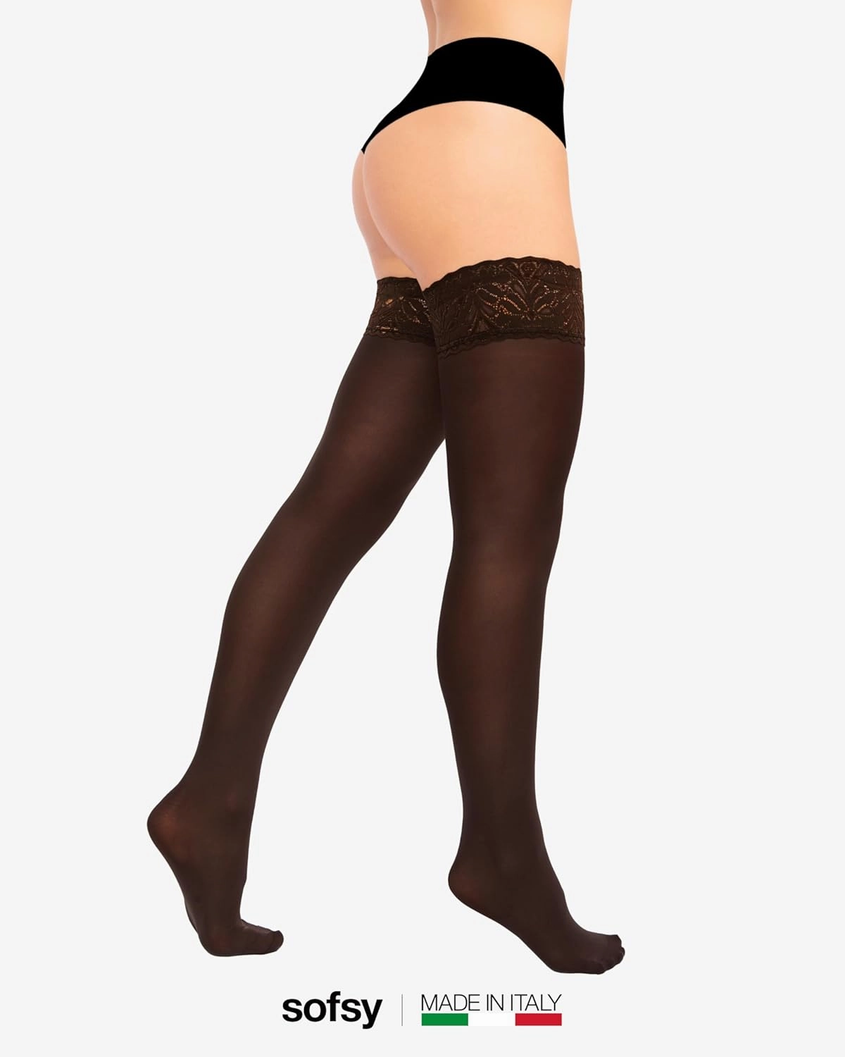 sofsy 100% Oeko-Tex Certified [Made in Italy] Womens Opaque Thigh High Stockings | Ultra Soft Dual Silicone Lace Top Hold Ups